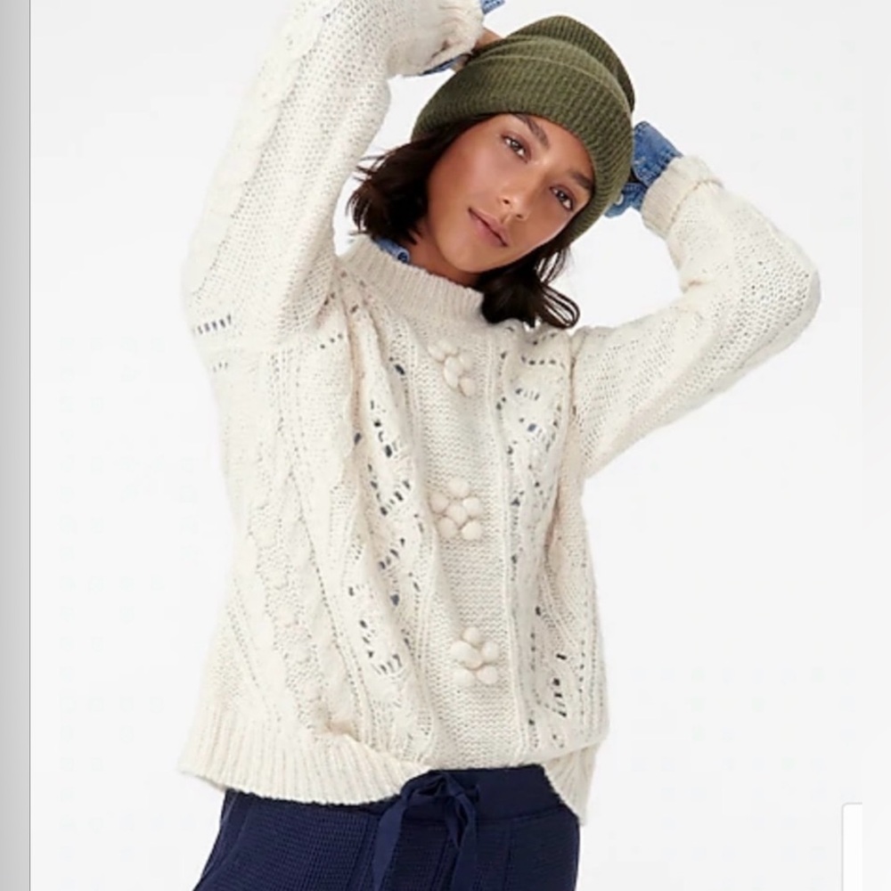NWOT J. Crew Cable-Knit Pointelle Sweater with Popcorn Flowers
